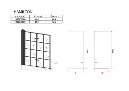 MAMPARA DE BAÑO HAMILTON DE 2 HOJAS 120X150 FIJA NEGRA