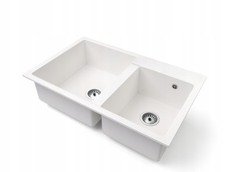 Fregadero Cocina Blanco 80x50cm, Fregadero Granito 2 Senos + Sifón