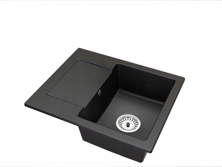 Fregadero de cocina de granito Negro 47.4cm x 58.4cm, 1 cubeta con escurridor + Kit de desagüe 