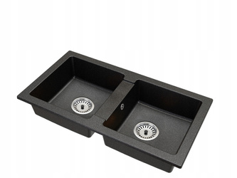 Fregadero de Granito Negro Jaspeado 43.6cm x 82cm, 2 Lavabos + Kit de Desagüe