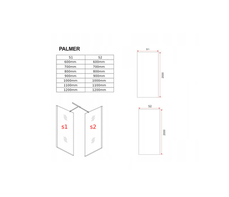 MAMPARA DE DUCHA PALMER WALK-IN DOUBLE DE 2 PARTES 90x200 110x200 TRANSPARENTE NEGRA