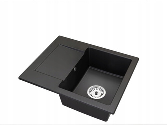 Fregadero de cocina de granito Negro 47.4cm x 58.4cm, 1 cubeta con escurridor + Kit de desagüe