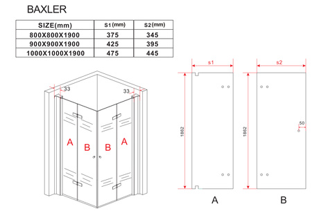 CABINA DE DUCHA BAXLER CUADRADA TRANSPARENTE - 90X90X190 DORADA