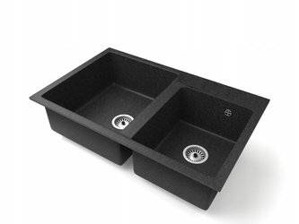 Fregadero Cocina Negro Jaspeado 80x50cm, Fregadero Granito 2 Senos + Sifón
