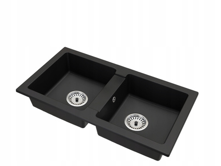 Fregadero de Granito Negro 43.6cm x 82cm, 2 Lavabos + Kit de Desagüe