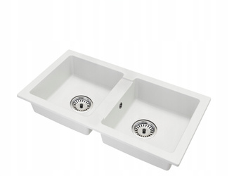 Fregadero de Granito Blanco 43.6cm x 82cm, 2 Lavabos + Kit de Desagüe