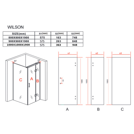 CABINA DE DUCHA WILSON CUADRADA TRANSPARENTE - 100X100X190 NEGRO