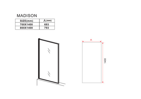 MAMPARA DE BAÑO MADISON DE 1 HOJA 80X140 FIJO NEGRO