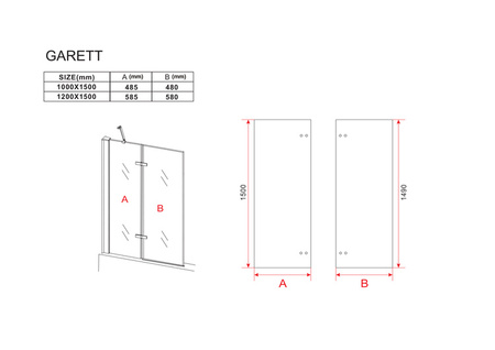 MAMPARA DE BAÑO GARETT DE 2 HOJAS 120X150 FIJA NEGRA