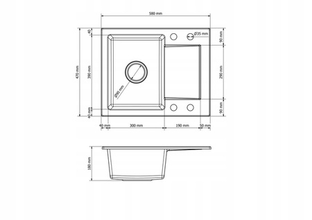 Fregadero de cocina de granito Gris 47.4cm x 58.4cm, 1 cubeta con escurridor + Kit de desagüe