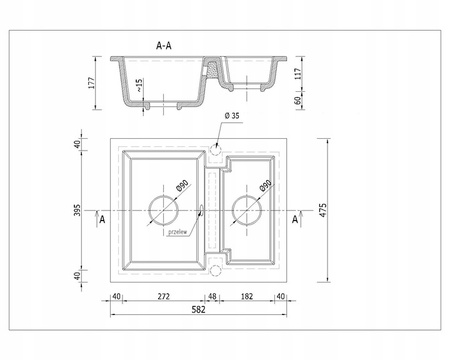 Fregadero Cocina Gris 47,5x58,2cm, Fregadero Granito 1,5 Senos + Sifón