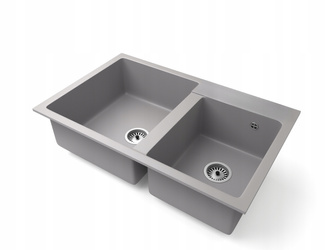 Fregadero Cocina Gris 80x50cm, Fregadero Granito 2 Senos + Sifón