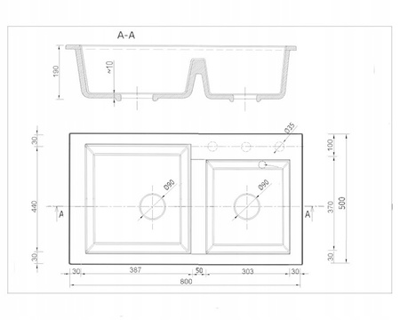 Fregadero Cocina Negro 80x50cm, Fregadero Granito 2 Senos + Sifón
