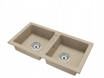 Fregadero de Granito Beige 43.6cm x 82cm, 2 Lavabos + Kit de Desagüe