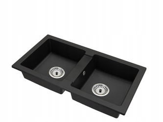 Fregadero de Granito Negro 43.6cm x 82cm, 2 Lavabos + Kit de Desagüe