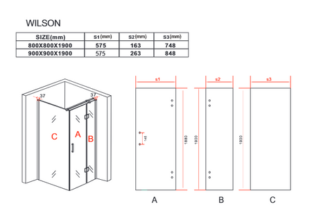 CABINA DE DUCHA WILSON CUADRADA TRANSPARENTE - 80X80X190 NEGRO