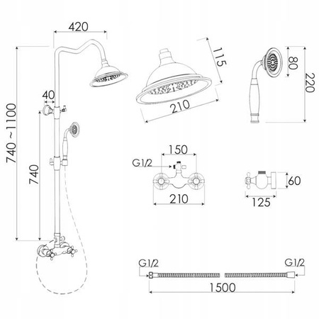 CONJUNTO DE DUCHA RETRO CAMILLA EXTERIOR S-1158 DORADO